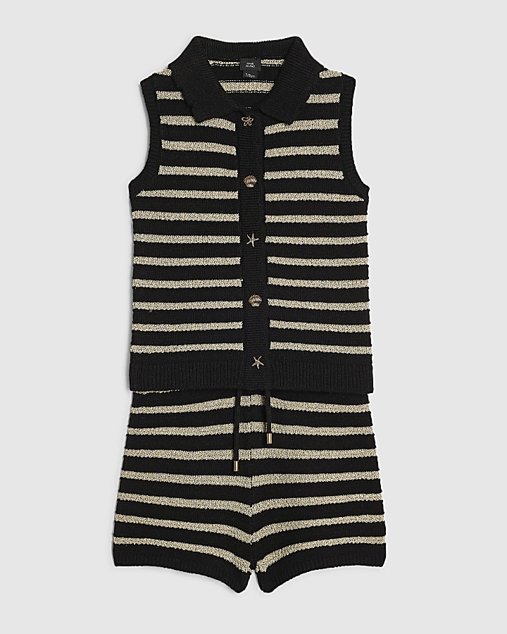 Girls Black Stripe Top & Short Knit Set