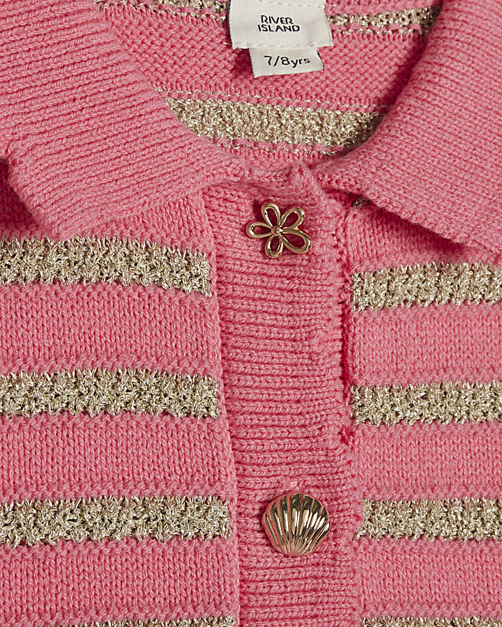 Girls Pink Knitted Striped Top And Shorts Set