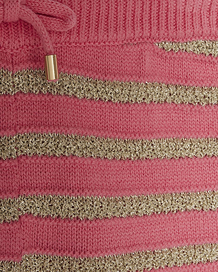 Girls Pink Knitted Striped Top And Shorts Set