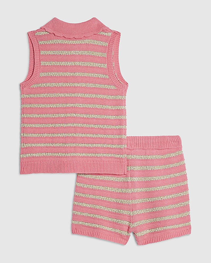 Girls Pink Knitted Striped Top And Shorts Set