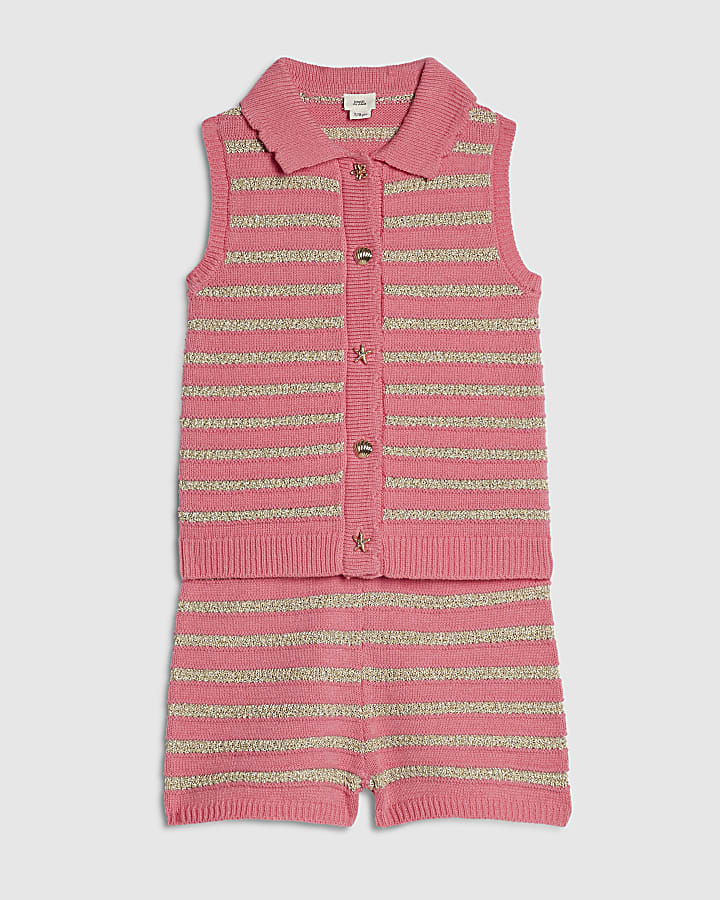Girls Pink Knitted Striped Top And Shorts Set