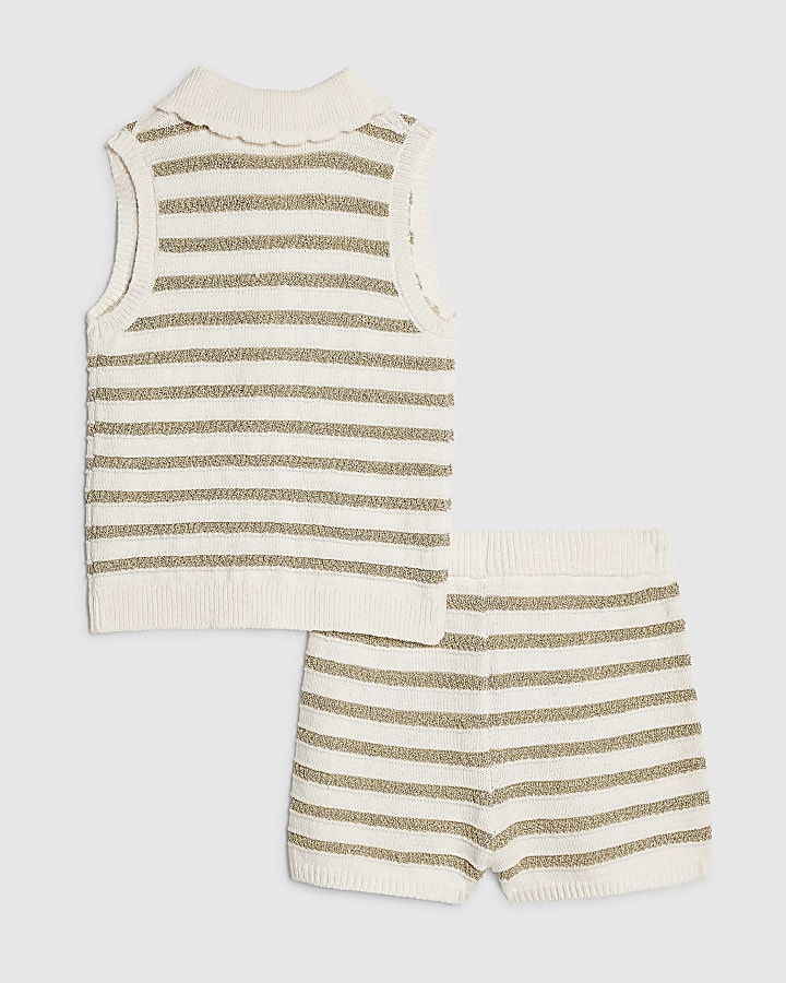 Girls Cream Stripe Top & Short Knit Set
