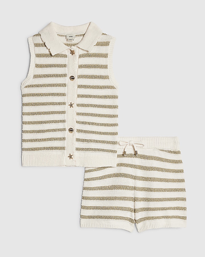 Girls Cream Stripe Top & Short Knit Set
