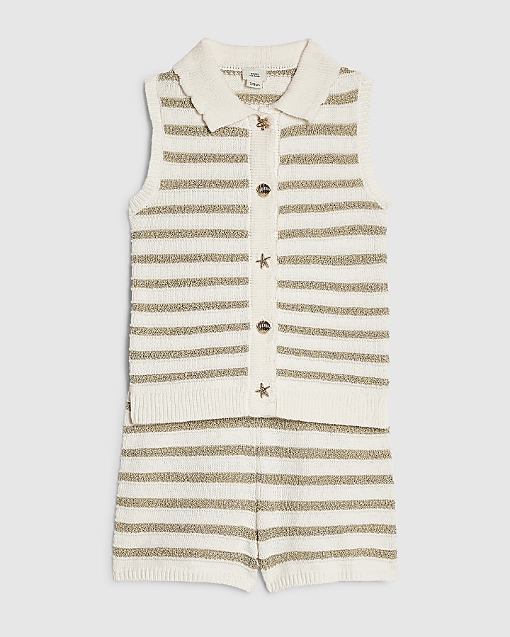 Girls Cream Stripe Top & Short Knit Set