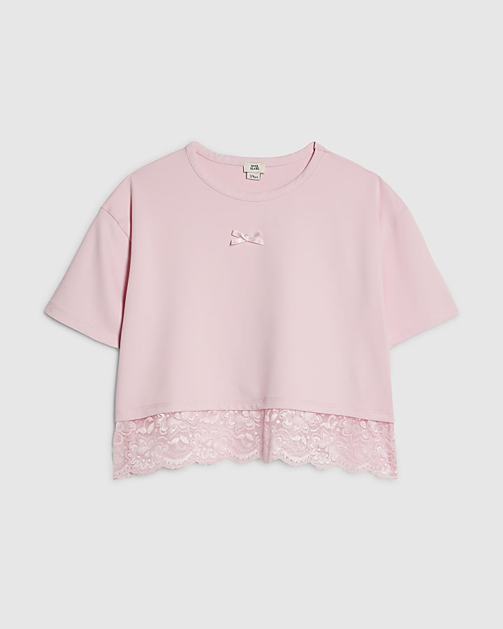 Girls Pink Lace Trim T-Shirt