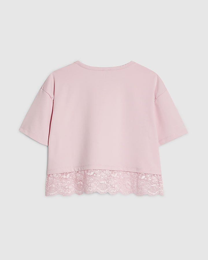 Girls Pink Lace Trim T-Shirt