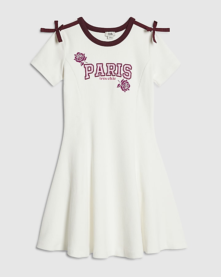 Girls White Paris Bow Dress