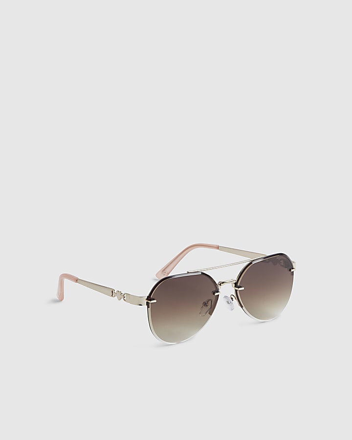 Girls Brown Rimless Aviator Sunglasses