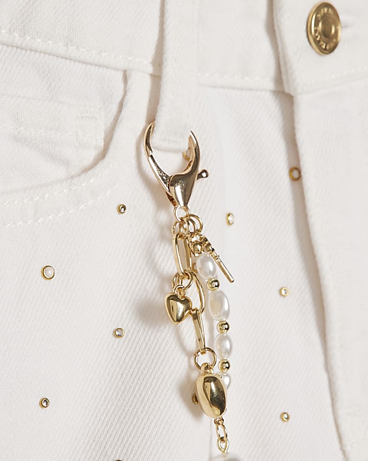 Girls White Pearl Embellished Denim Shorts