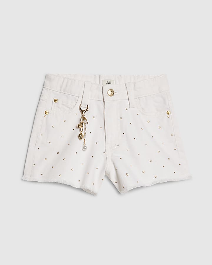 Girls White Pearl Embellished Denim Shorts