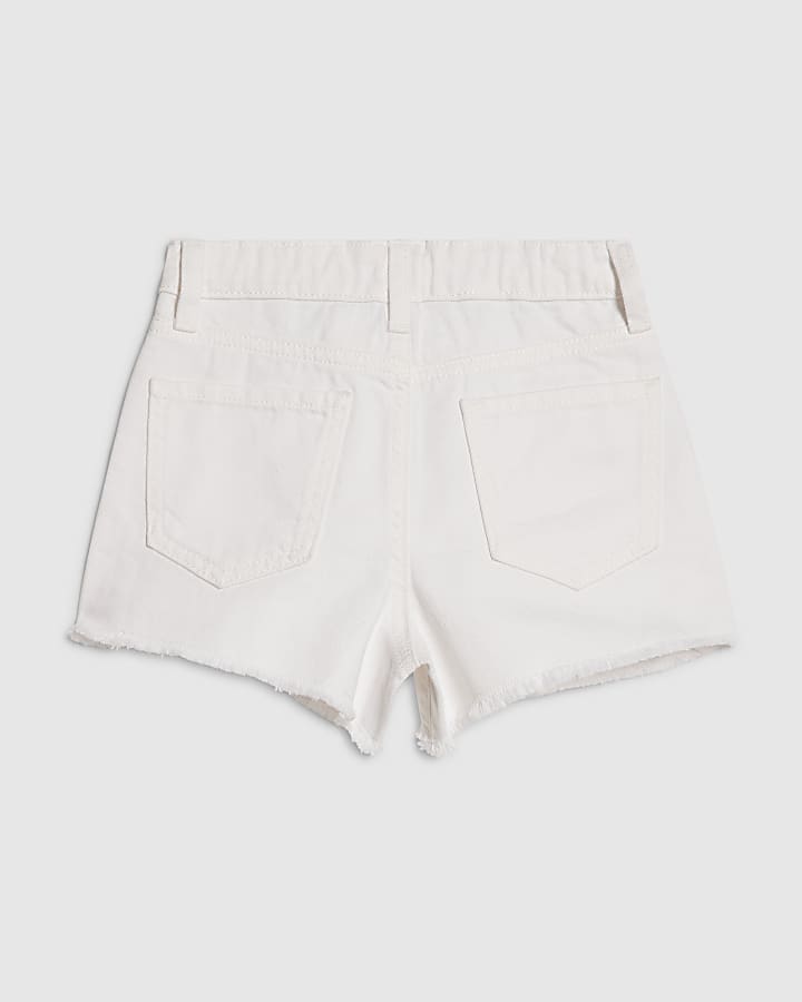 Girls White Pearl Embellished Denim Shorts