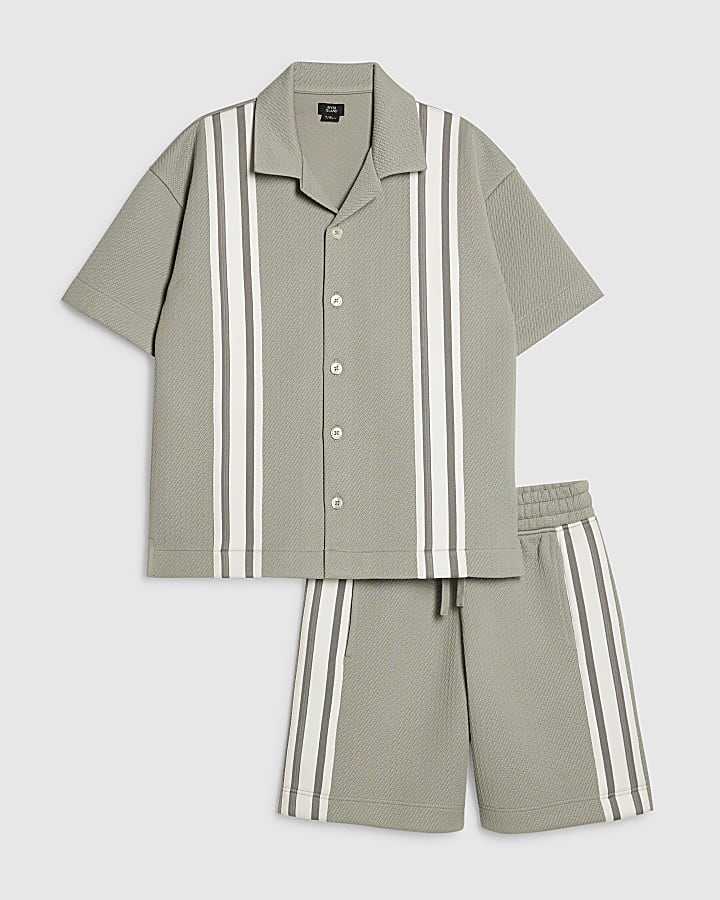 Boys Green Boxy Stripe Smart Shirt Set