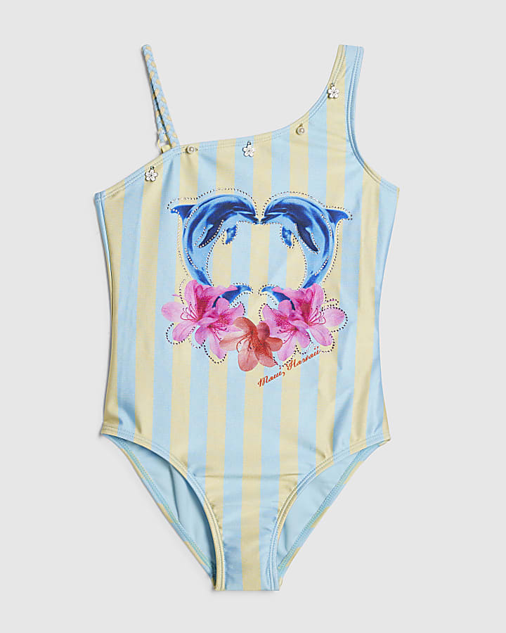 Girls Blue Dolphin Stripe Swimsuit
