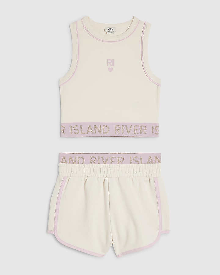 Girls Cream RI Waistband Tank and Shorts Set