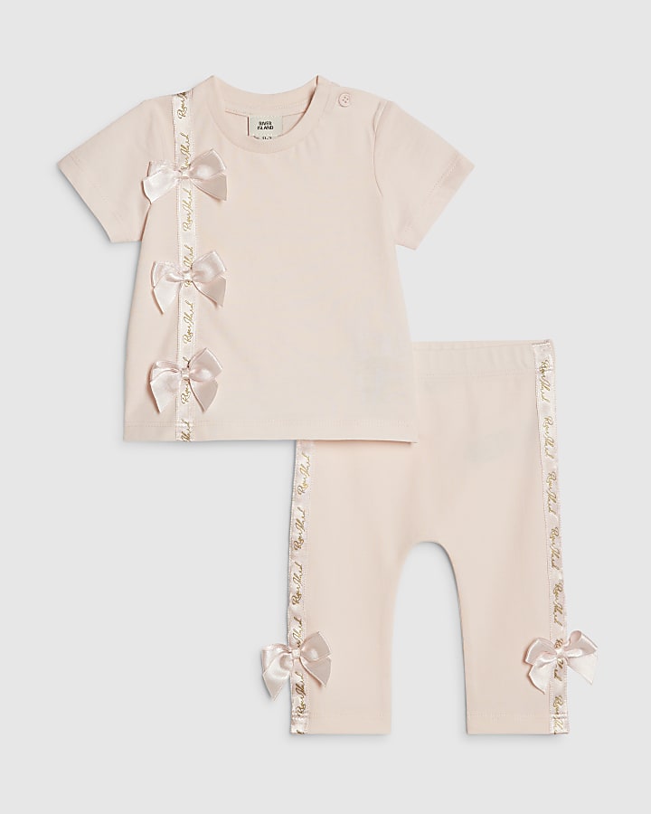 Baby Girls Pink Satin Bow T-Shirt Set