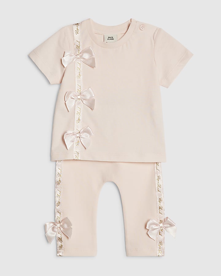 Baby Girls Pink Satin Bow T-Shirt Set