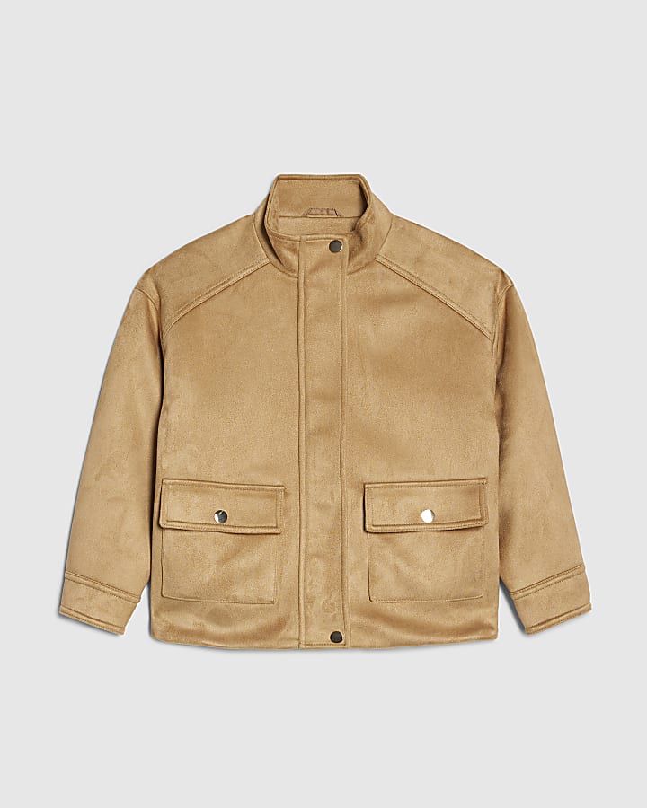 Girls Brown Faux Suede Funnel Bomber Jacket