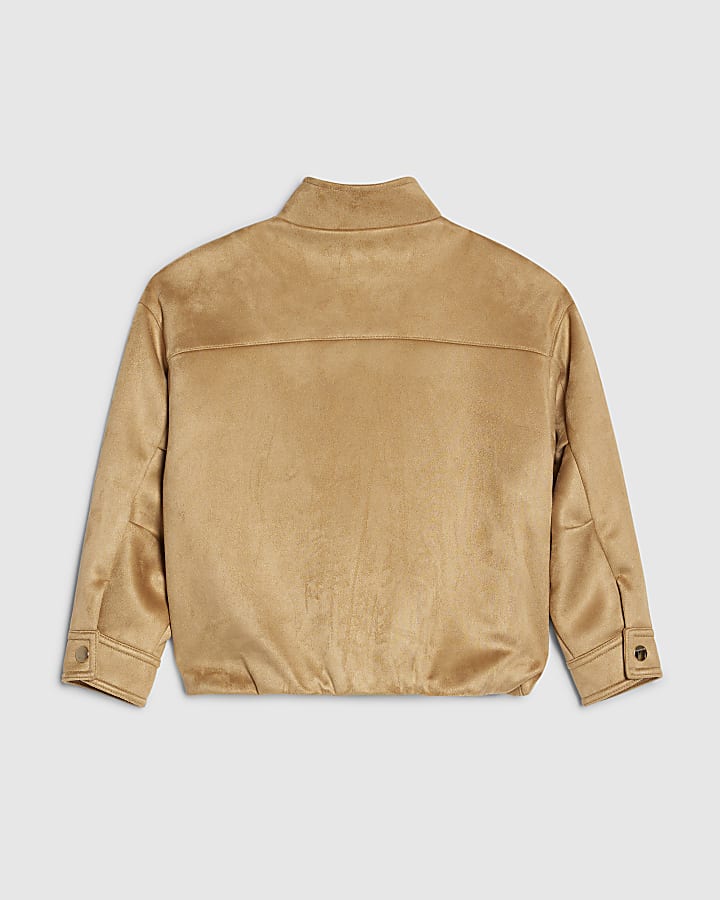Girls Brown Faux Suede Funnel Bomber Jacket