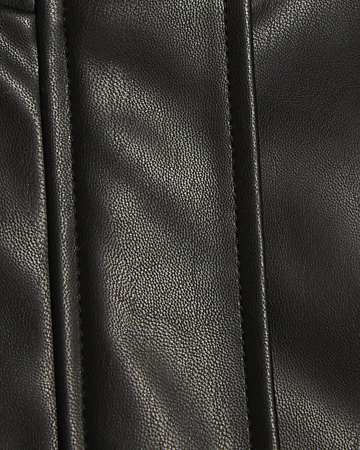 Girls Black Faux Leather Funnel Bomber Jacket