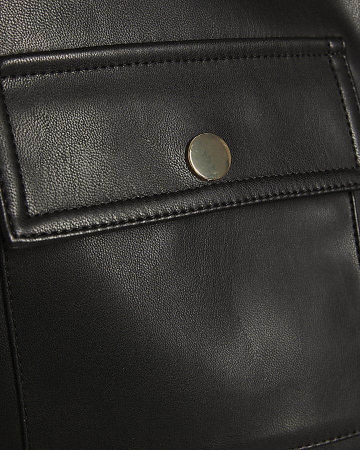 Girls Black Faux Leather Funnel Bomber Jacket