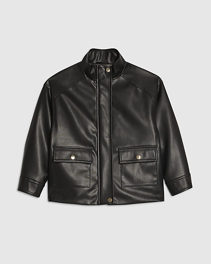 Girls Black Faux Leather Funnel Bomber Jacket