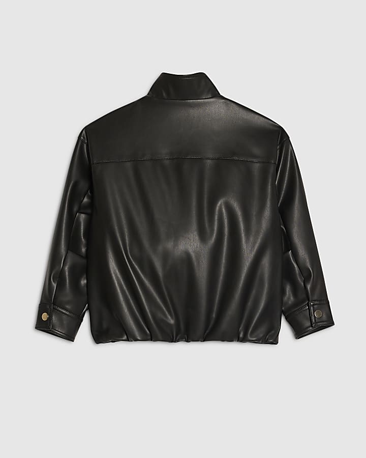 Girls Black Faux Leather Funnel Bomber Jacket