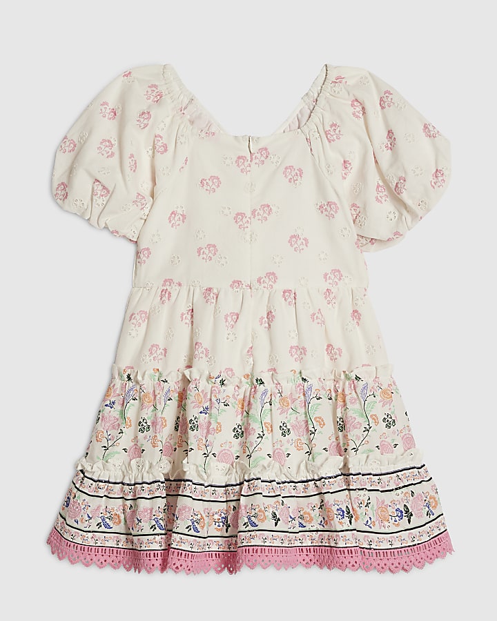 Mini Girls White Floral Belted Dress