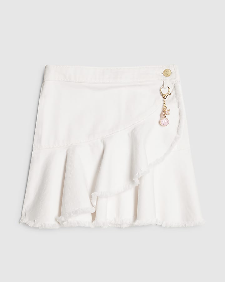 Girls White Asymmetric Denim Skirt