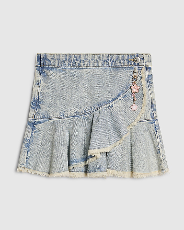 Girls Blue Asymmetric Skirt With Keychain