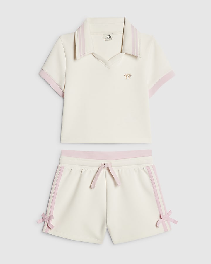 Girls Cream Polo Shirt And Shorts Set