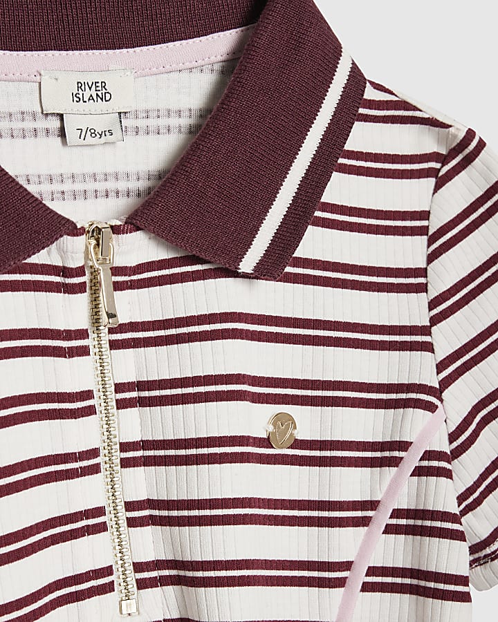 Girls Red Stripe Ribbed Zip Polo Dress