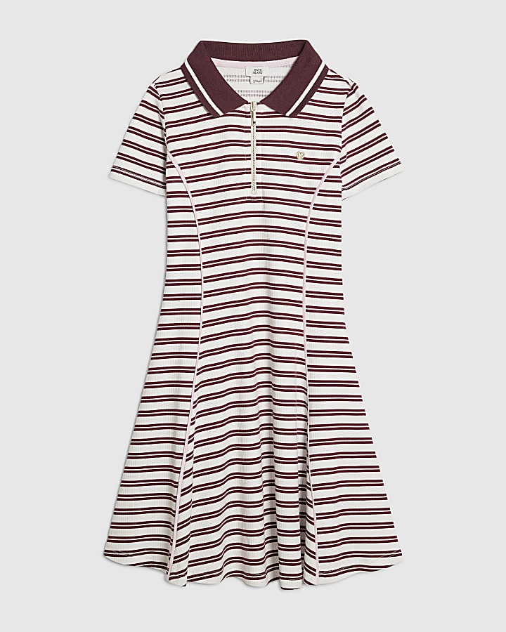 Girls Red Stripe Ribbed Zip Polo Dress