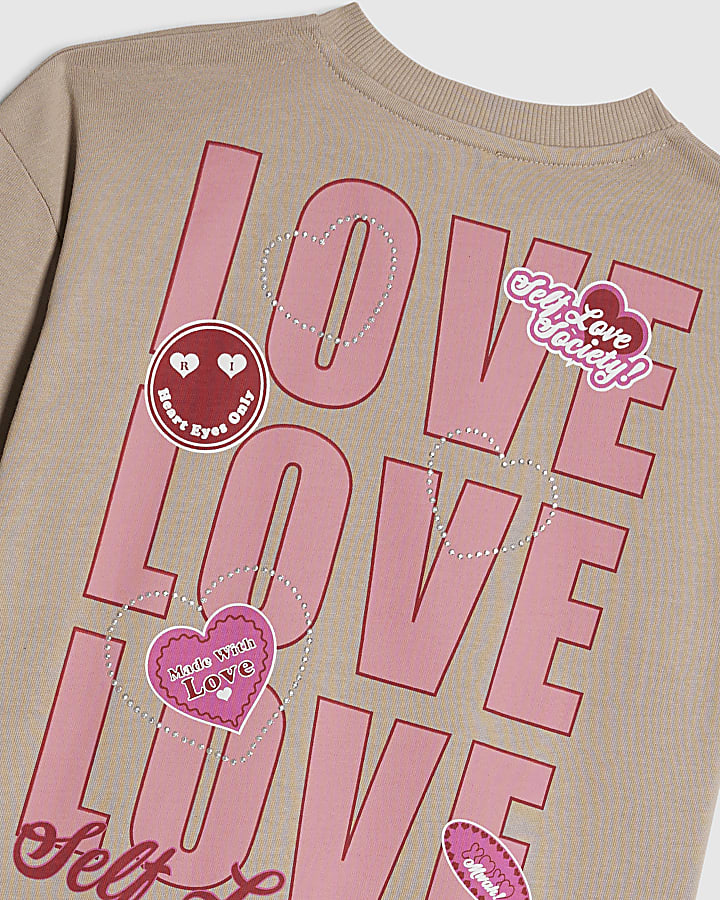 Girls Beige Love Love Love T-shirt