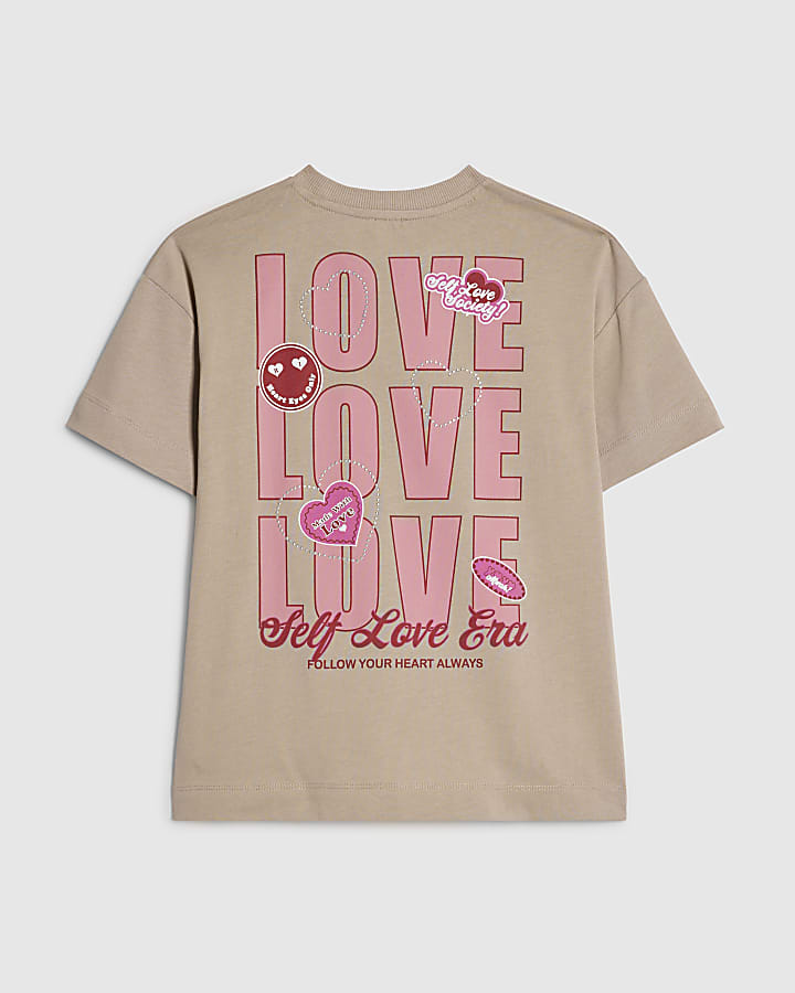 Girls Beige Love Love Love T-shirt