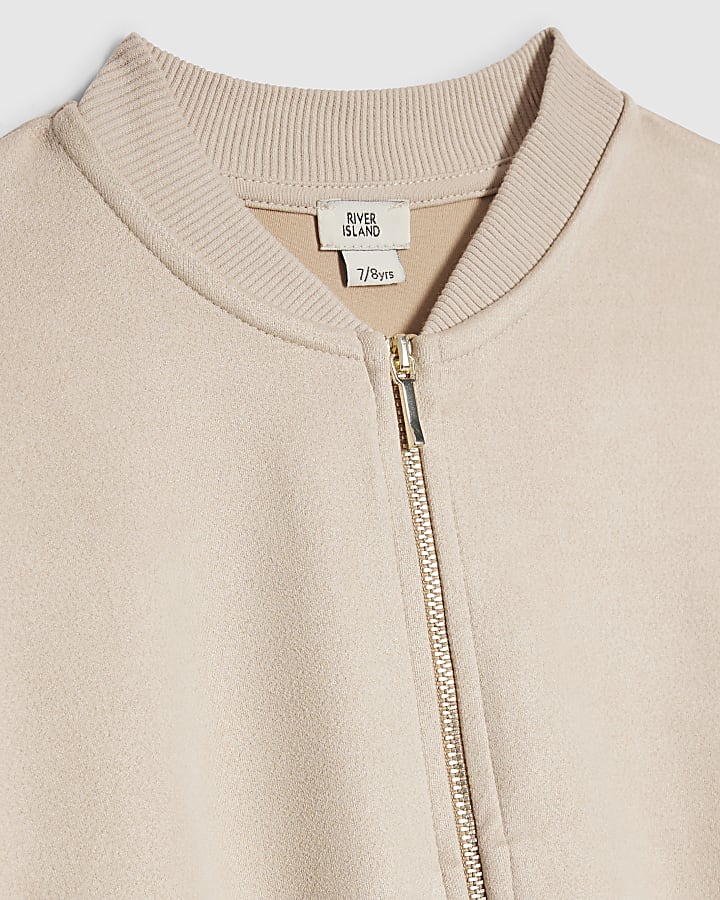 Girls Beige Suede Embellished Bomber Jacket