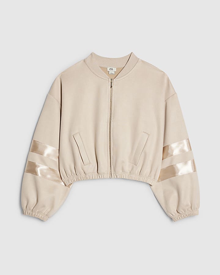 Girls Beige Suede Embellished Bomber Jacket