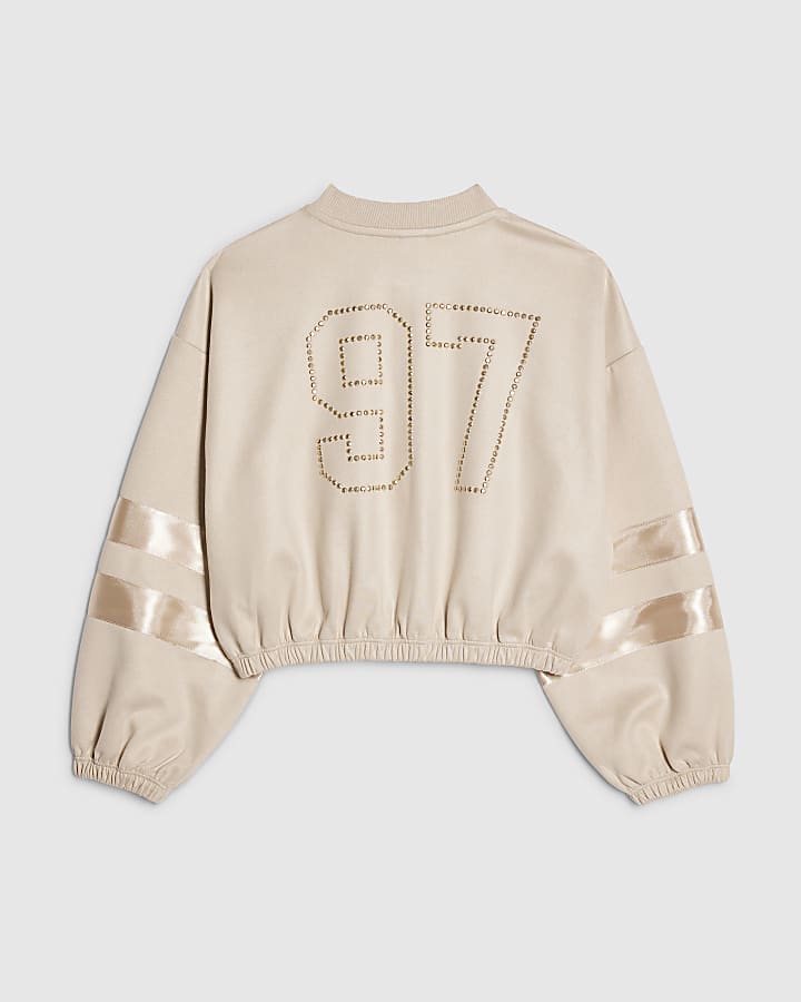 Girls Beige Suede Embellished Bomber Jacket