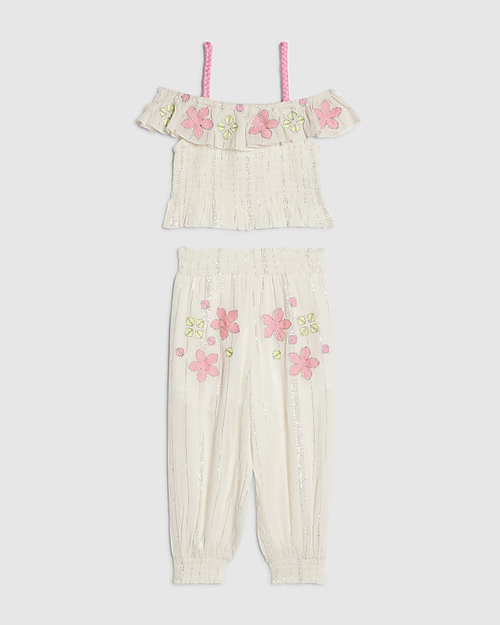 Mini Girls White Floral Trousers Set