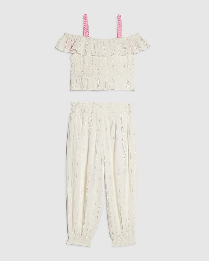 Mini Girls White Floral Trousers Set