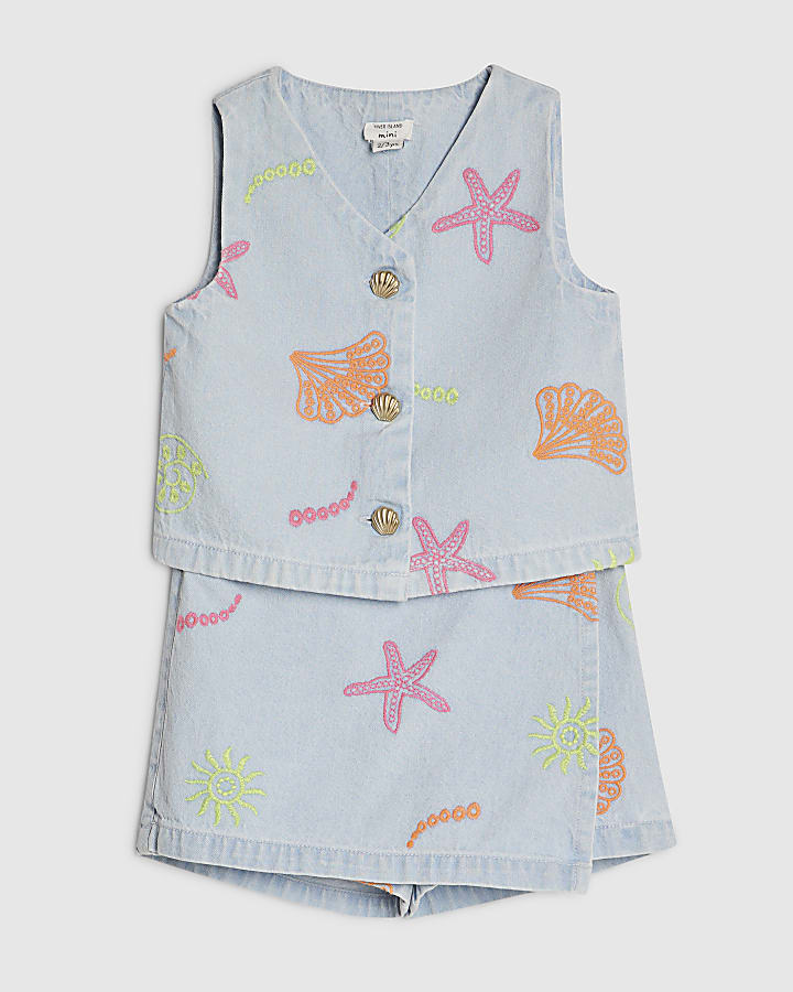 Mini Girls Denim Sea Fishes Waistcoat Set