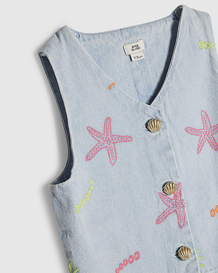 Girls Denim Embroidered Waistcoat Set