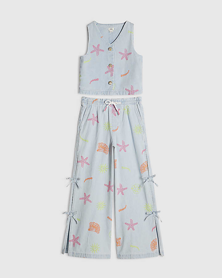 Girls Denim Embroidered Waistcoat Set