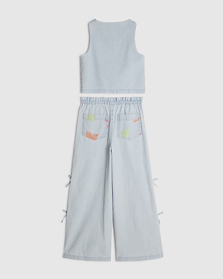 Girls Denim Embroidered Waistcoat Set