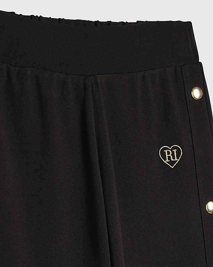 Girls Black Popper Detail Wide Leg Trousers