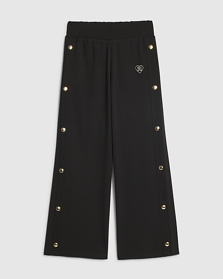 Girls Black Popper Detail Wide Leg Trousers