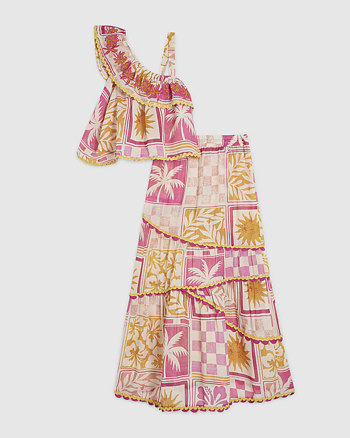 Girls Pink Postcard Maxi Skirt Set