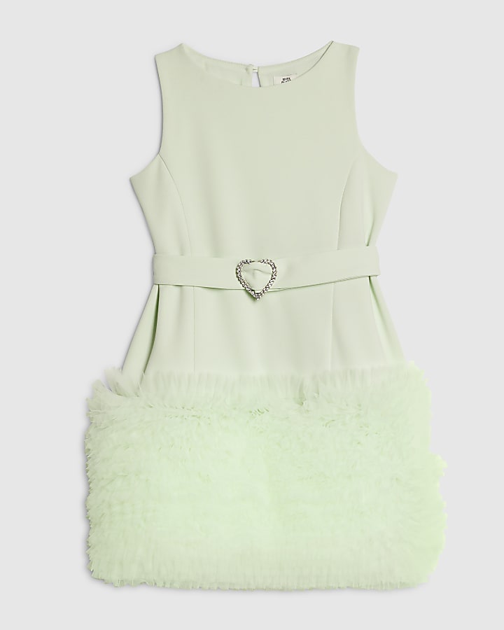 Girls Green 3D Organza Hem Dress