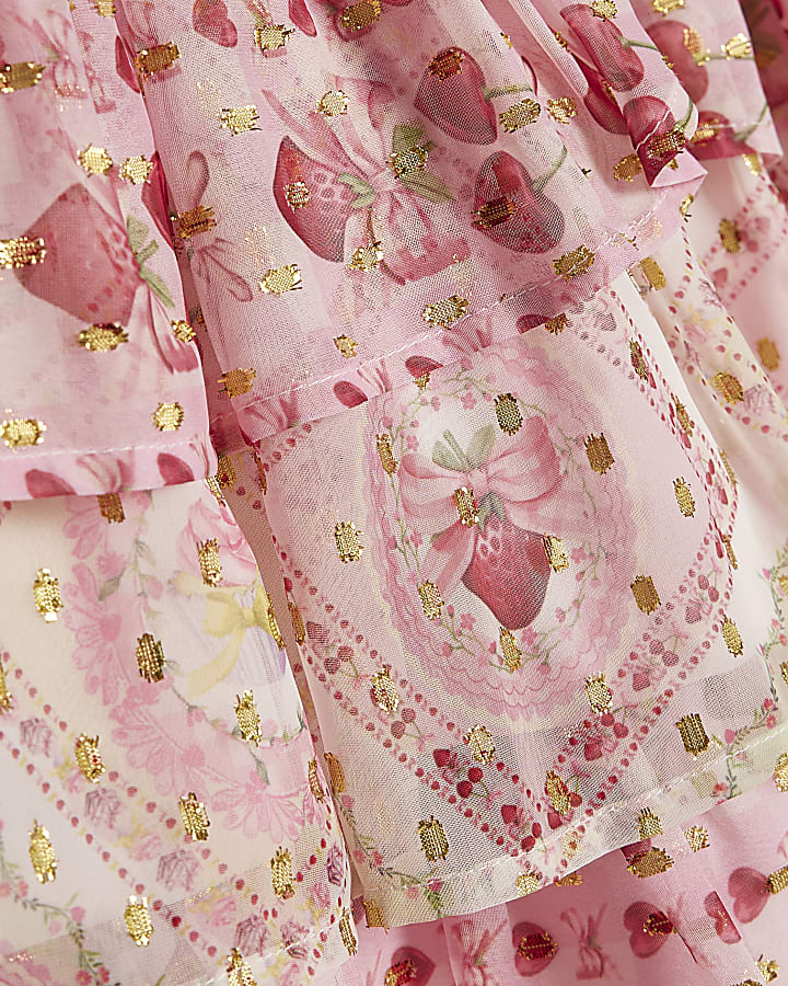 Girls Pink Cherry Lace Chiffon Dress