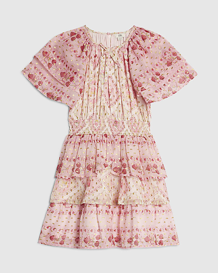 Girls Pink Cherry Lace Chiffon Dress