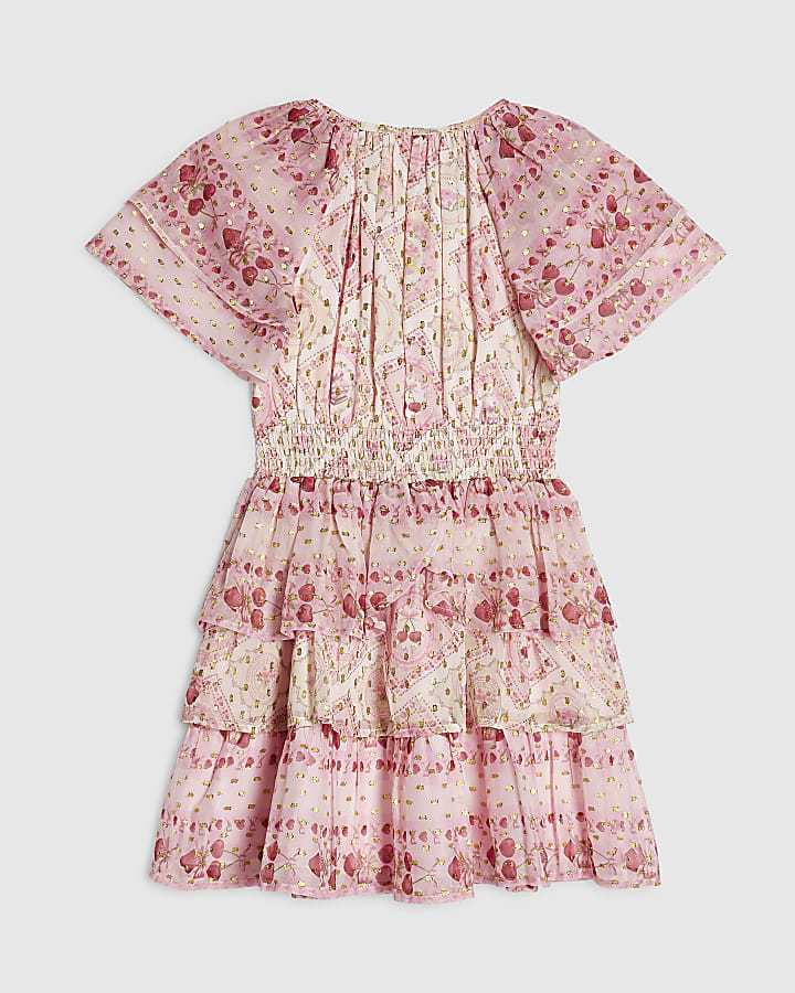 Girls Pink Cherry Lace Chiffon Dress